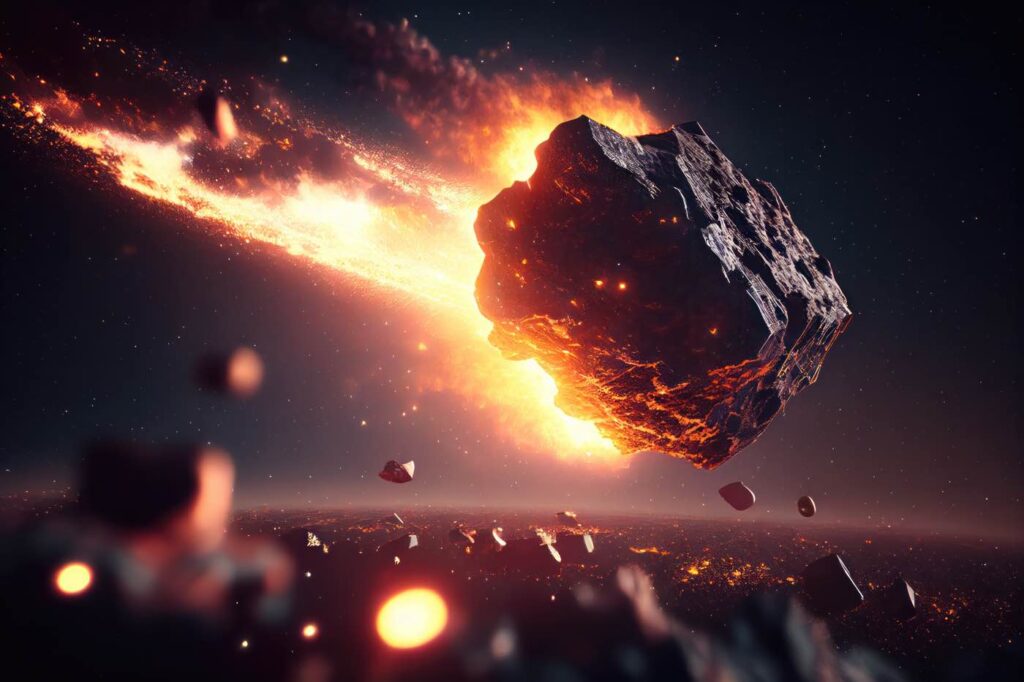 Epic asteroid collision explosion in space, NASA detect extinction collision crash, satellite, extinction. Generative AI | International Space Development Conference