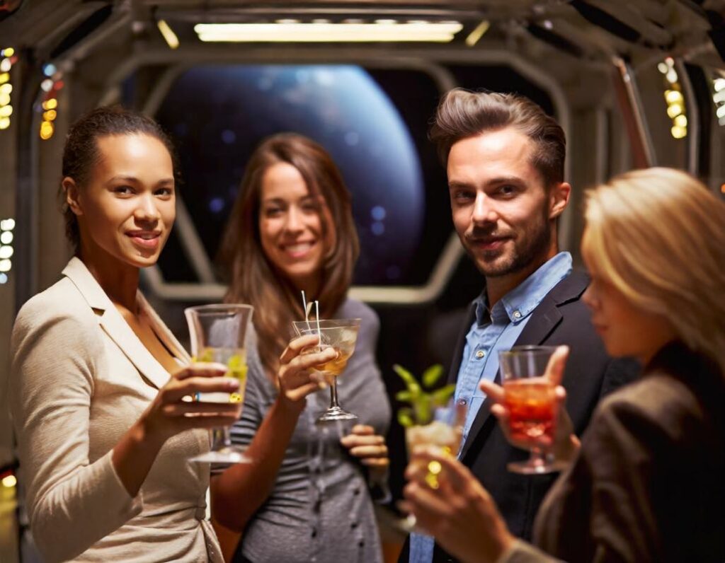Firefly galactic businessmen and businesswomen in a space station drinking cocktails at a cocktail p 2 | ISDC 2026
