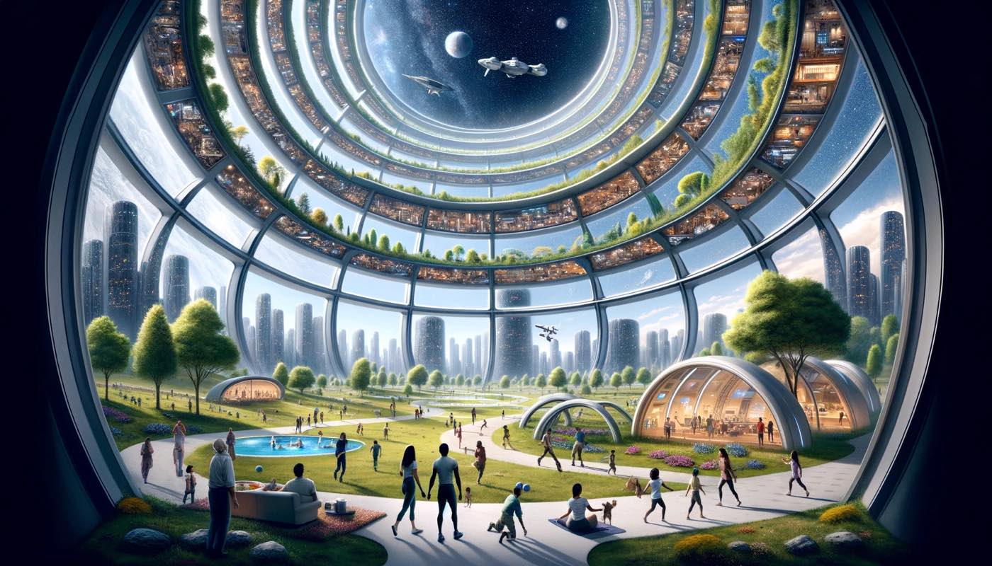 DALLE 2023-11-04 154748 - Visualize a panoramic photo-realistic image that embodies Dr Gerard K ONeills space colonization concepts The scene is set inside an ONeill cyli | International Space Development Conference
