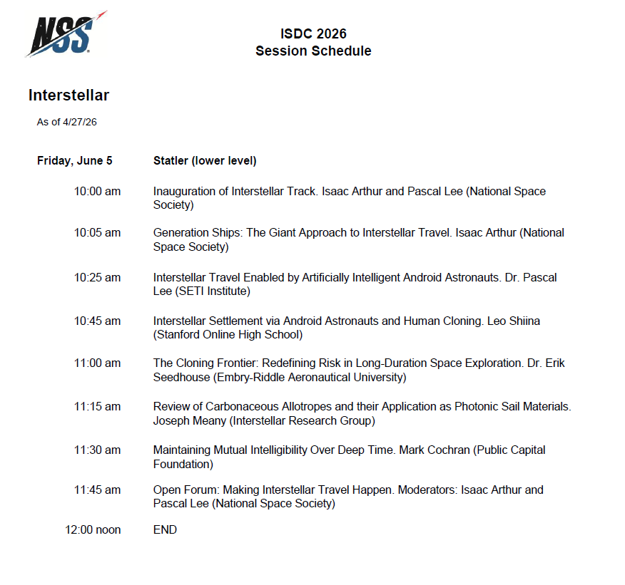 ISDC 2026 Session Schedule page showing Interstellar track with times and talk titles (Friday).