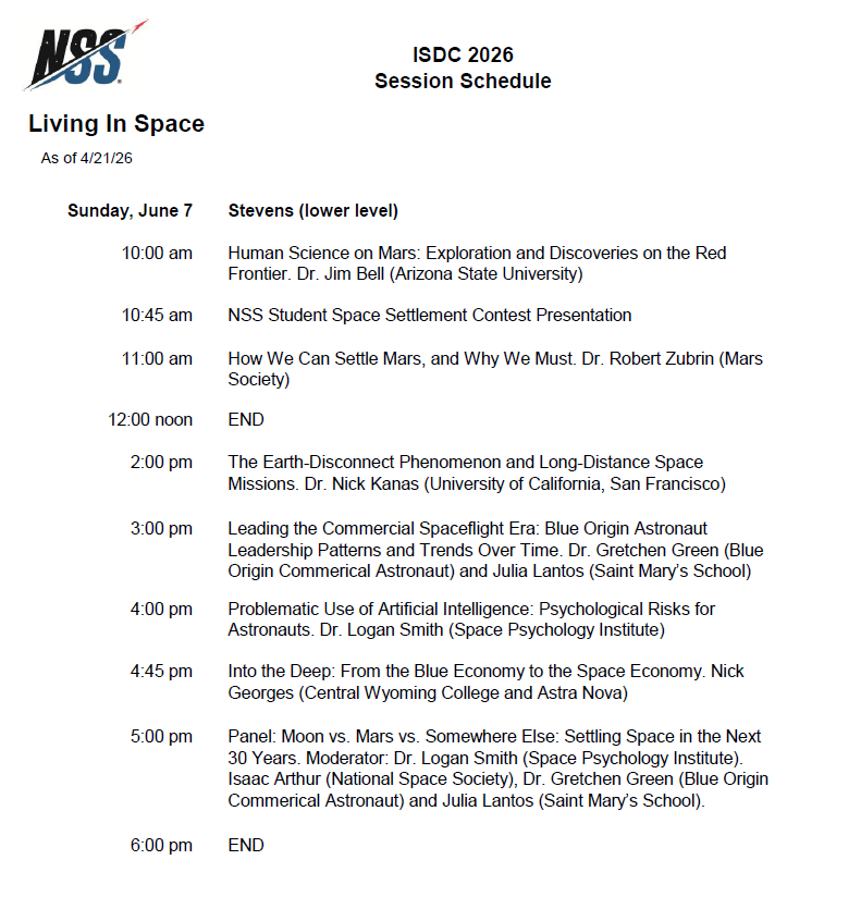 ISDC 2026 Session Schedule poster for Living In Space; includes date, location (Stevens lower level), and a list of talks with times on Sunday, June 7 (e.g., 10:00 am Human Science on Mars)...