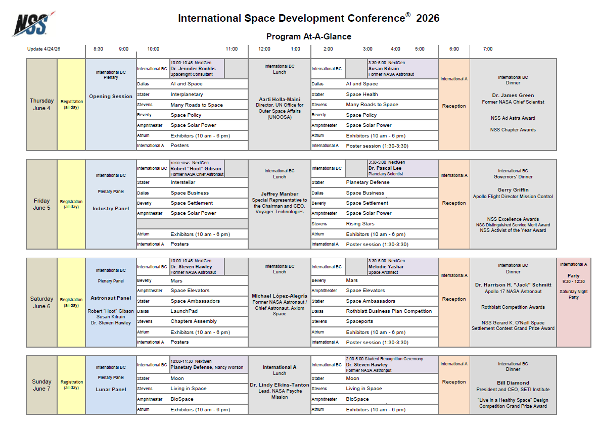 ISDC 2026 program-at-a-glance: daily timetable with sessions, lunch, and receptions from Thurs to Sun.