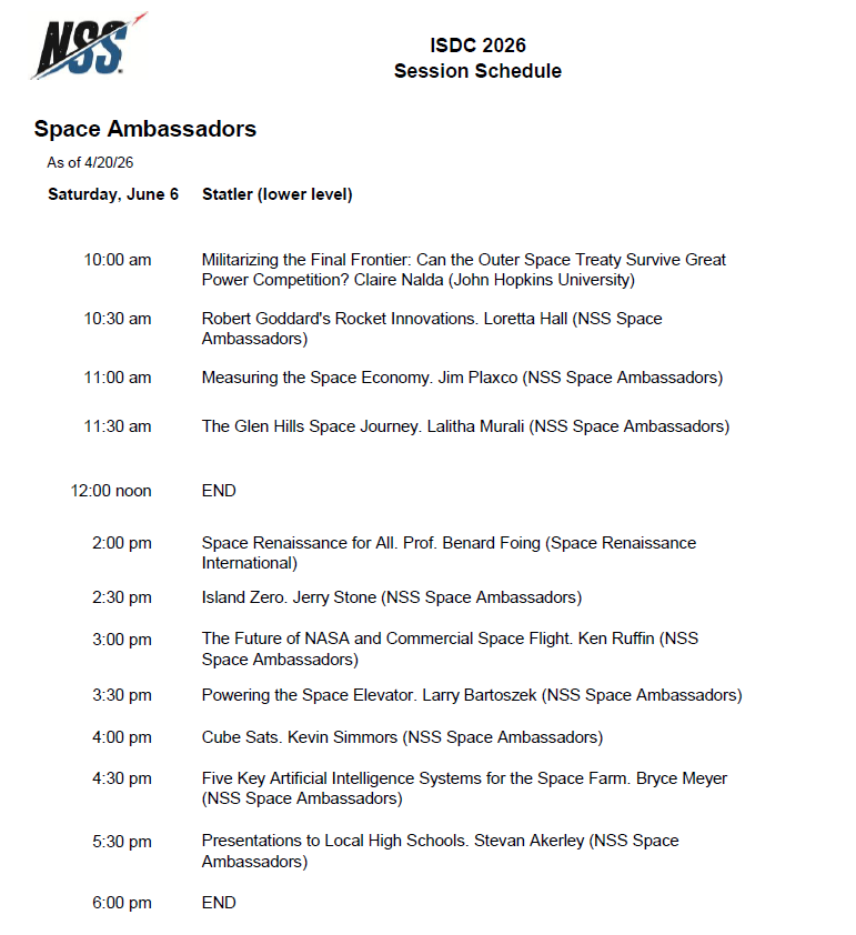 ISDC 2026 Session Schedule for Space Ambassadors: listed times and talk titles with speakers and affiliations (Saturday, June 6).