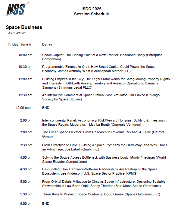 ISDC 2026 Space Business schedule for Friday, June 5 (Dallas) with session times and topics such as Space Capital and Programmable Finance in Orbit, ending at 6:00 PM.