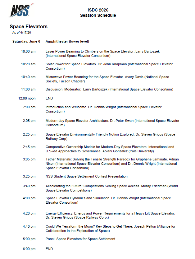 ISDC 2026 Space Elevators session schedule for Saturday, June 6, with times and speakers listed from 10:00 am to 6:00 pm in Amphiheater (lower level).