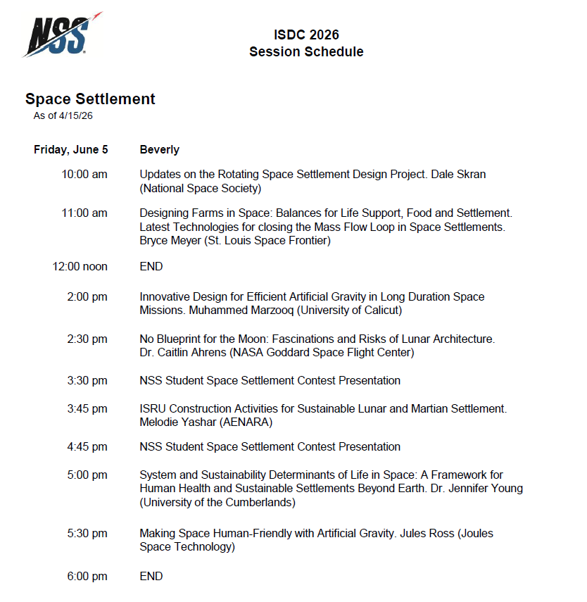 ISDC 2026 Session Schedule page for Space Settlement, listing times and session topics and speakers (Beverly column).
