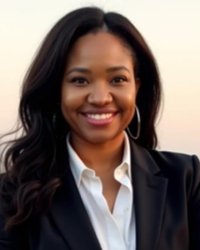 Theresa-Quitto-Dickerson | ISDC Smiling woman with long dark hair in a black blazer and white shirt, posing outdoors at sunset.