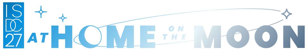 Logo for 'At Home on the Moon' with blue lettering, a curved arc, and star accents.