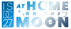 ISDC 2026 Header Logo Logo for 'At Home on the Moon' featuring blue gradient text and moon/star motifs; episode 27 indicated on the left.