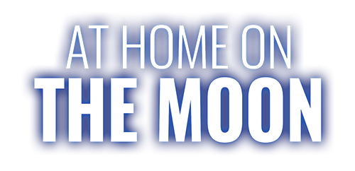Logo reads 'AT HOME ON THE MOON' in white bold letters on a blue background with a glowing effect.